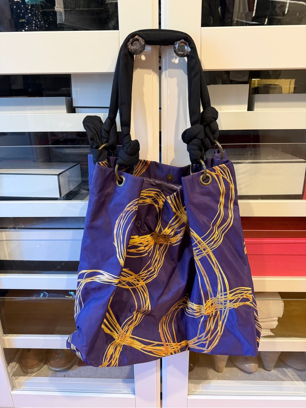Vera Wang Purple Tote with Yellow Rope Pattern